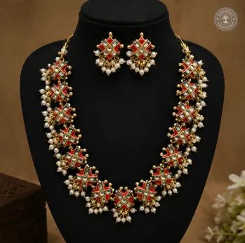 Beautiful Terracotta Necklace Set with Kundan Stones and Hanging Pearls