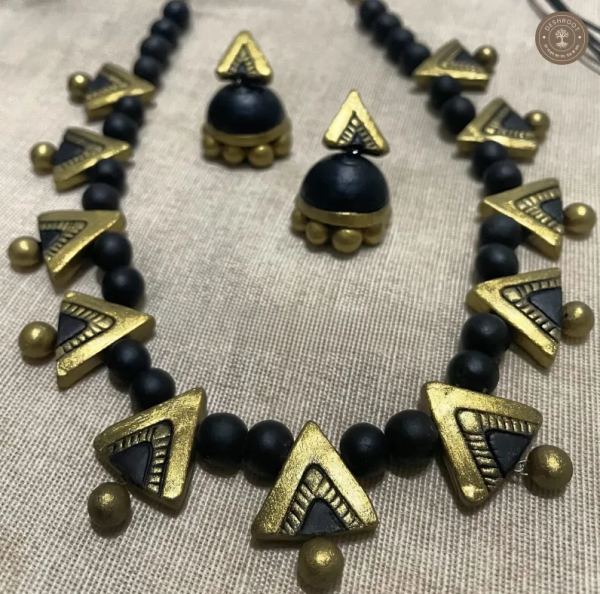 Antique Gold-Black Terracotta Necklace with Matching Jhumkas