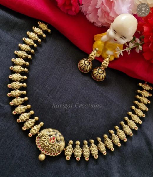 Beautiful Goddess Lakshmi Theme Terracotta Necklace with Matching Jhumkas