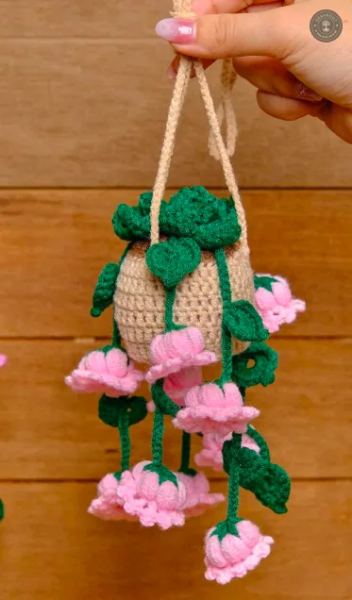 Handcrafted Crochet Hanging Flower Basket – Pink Blossom Vine
