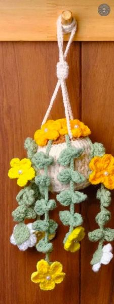 Handcrafted Crochet Hanging Flower Basket – Yellow Floral Vine Design