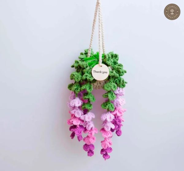 Handcrafted Crochet Hanging Flower Basket with Pink and Purple Cascading Blooms