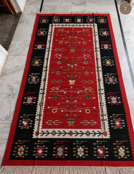Black & Red Botanical Geometric Handwoven Durrie