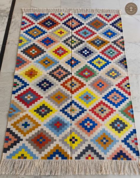 Ivory Multicolour Diamond Motif Handwoven Durrie