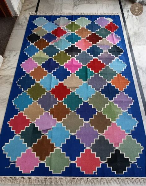Blue Multicolour Lattice Geometric Handwoven Durrie