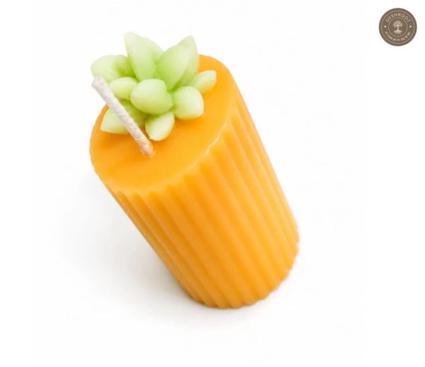 Handcrafted Orange Ribbed Pillar Candle with Green Floral Top