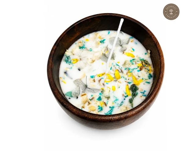 Handcrafted Coconut Bowl Floral Wax Candle with Botanical Embellishments