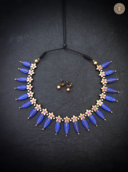 Royal Blue Choker Terracotta Necklace Set with Gold Floral & Pearl Accents
