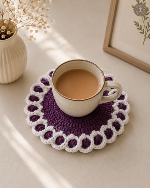 Handmade Purple & White Crochet Tea Coaster