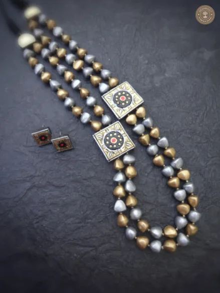Silver & Gold Harmony Terracotta Necklace Set | Handcrafted Tamil Nadu Terracotta Jewellery
