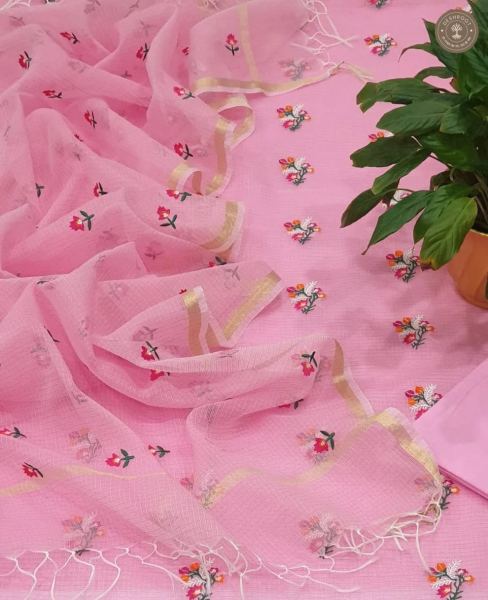 Kota Doria Floral Embroidered Dress Material with Zari Border