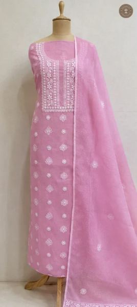 Kota Doria Floral Chikankari Embroidered Dress Material