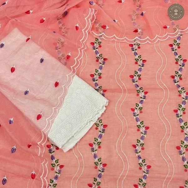 Kota Doria Floral Wave Embroidered Dress Material
