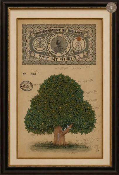 Sacred Kadamba Tree on Vintage Bikaner Revenue Stamp – Original Miniature Painting