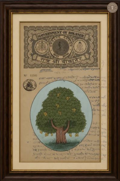 Mango Tree on Vintage Bikaner Revenue Stamp – Original Miniature Painting