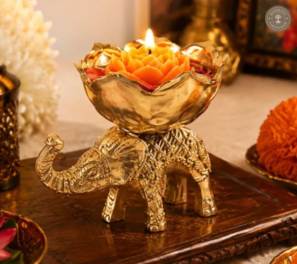 Timeless Elegance Brass Elephant Urli Candle Holder with Floral Wax Design – Decorative Diya Bowl for Diwali, Pooja, Home Decor & Housewarming Gifts (10 cm x 10 cm, 100g)