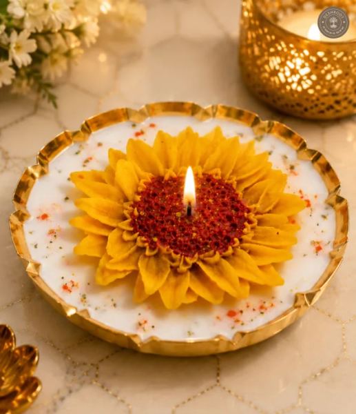 Sunflower Urli Candle – Decorative Floral Soy Wax Candle in Gold Metal Urli