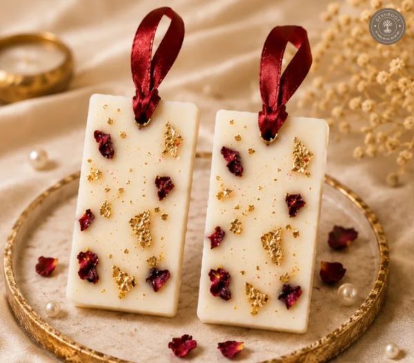 Handmade Scented Wax Tablets with Gold Leaf & Dried Rose Petals – Hanging Wardrobe Freshener
