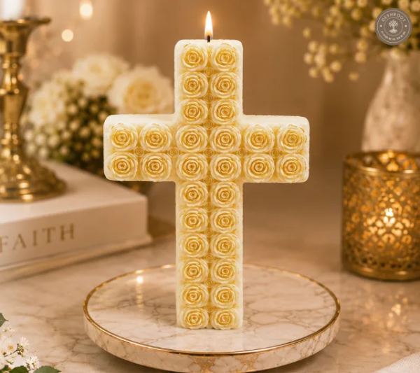 White & Gold Rose Cross Candle – Decorative Soy Wax Candle