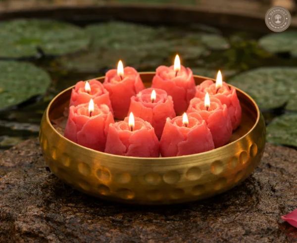 Handcrafted Rose Flower Candle Urli Set – 14 cm Gold Metal Bowl with 8 Decorative Scented Candles