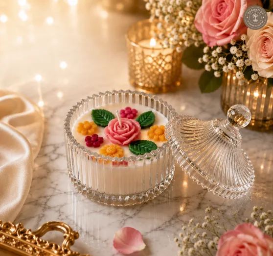 Handcrafted Floral Candle Jar with Crystal Glass Lid