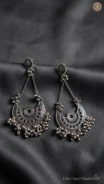 Silver oxidised Long chandbali earrings