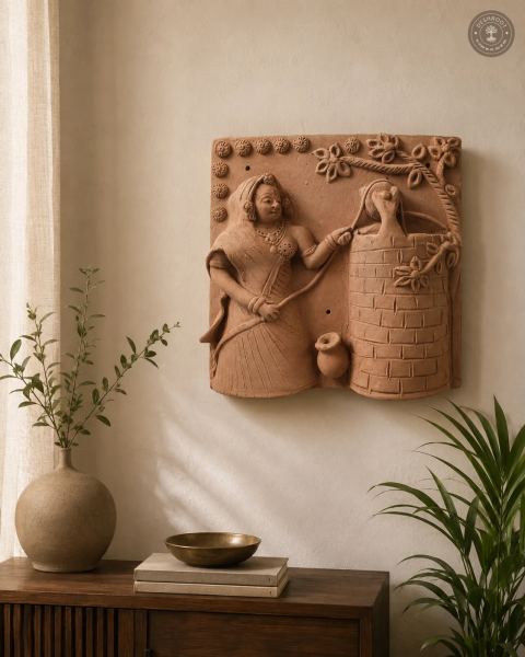 Rajasthani Terracotta Woman & Peacock Wall Relief