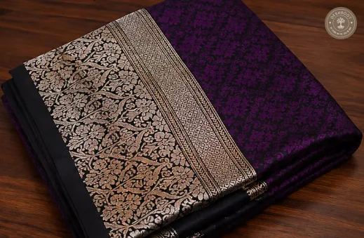 Katan Tanchui Banarasi Silk Saree – Purple & Black Floral Jaal with Intricate Zari Border