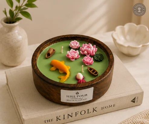 Hill Pour Lotus Pond Sandalwood Soy Wax Wooden Bowl Candle