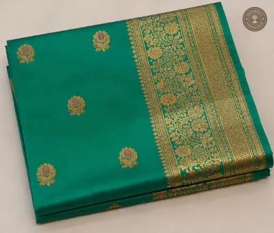 Katan Silk Banarasi Saree – Emerald Green with Gold Zari Butis & Intricate Floral Zari Border