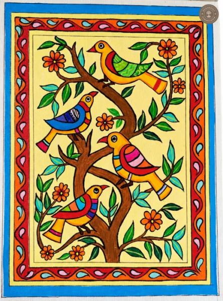 Handcrafted Madhubani Painting – Vibrant Birds & Floral Tree on Canvas