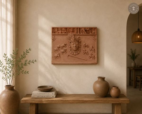 Handcrafted Terracotta Krishna & Cow Wall Relief Panel