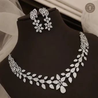 AD Diamond Silver-Tone Necklace Set with Matching Earrings