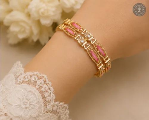 Rose Petal Geometric Crystal Gold-Tone Kada Bracelet