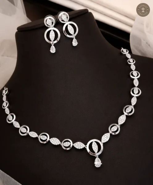Lunara Infinity Leaf AD Crystal Silver-Tone Necklace & Earrings Set