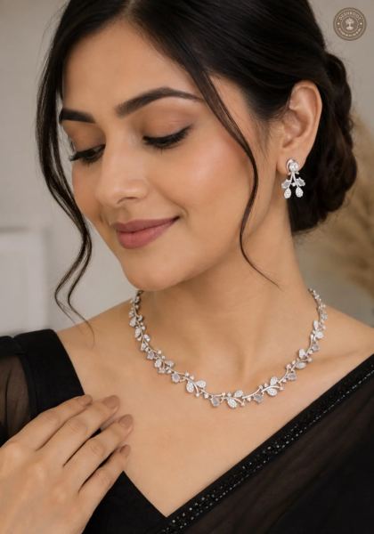 Elegant AD Diamond Silver Leaf Necklace & Earring Set