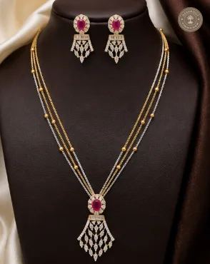AD Stone Double-Layer Chain Pendant Necklace Set with Matching Earrings