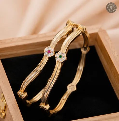 Zahra Dual-Wave Floral AD Gold-Tone Bangle Pair