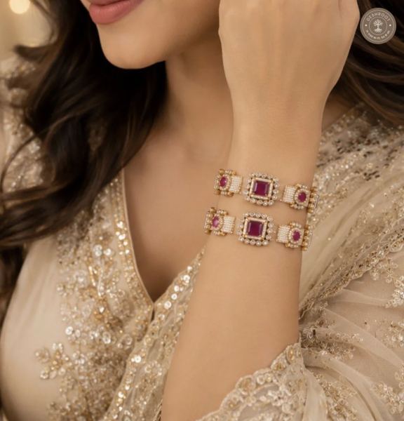 Traditional Ruby Kundan Pearl Gold-Plated hand gajra