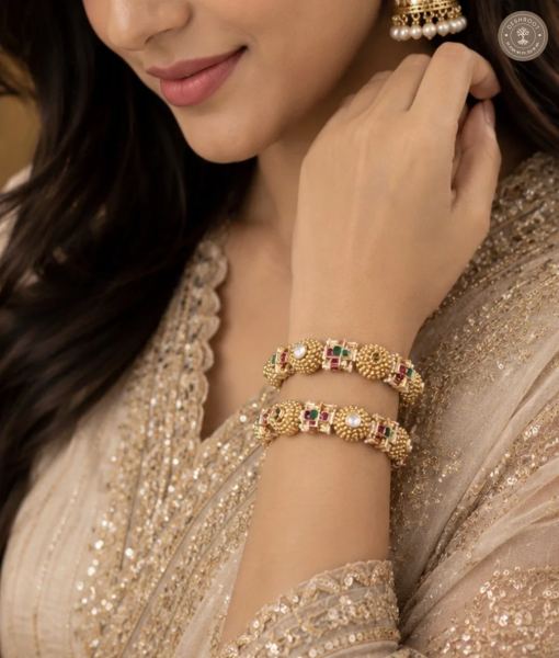 Traditional Gold Hand Gajra with Ruby & Emerald Detailing