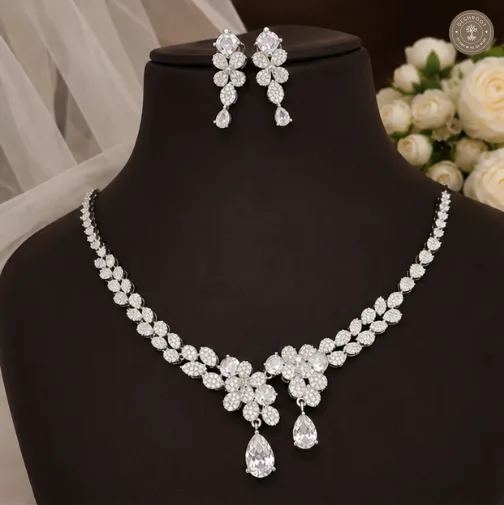 Celestia Bloom AD Diamond Silver-Tone Floral Necklace & Earrings Set