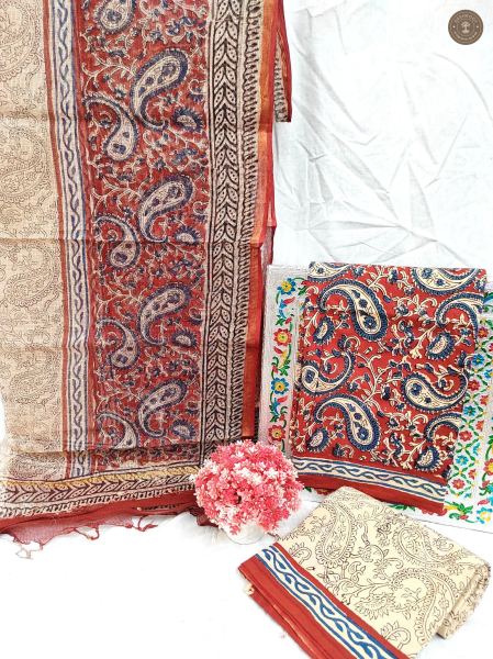 Bagru Bloom Hand Block Printed Cotton Unstitched Suit Set with Kota Doriya Dupatta | 3-Piece Dress Material