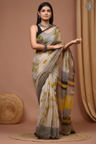 Hand Block Printed Kota Doria Cotton Saree with Blouse Piece