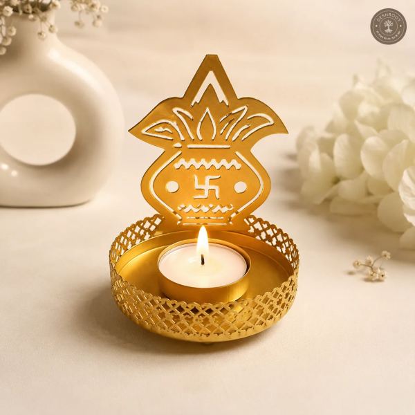 Golden Metal Swastik Kalash Shadow Diya Tea Light Candle Holders ( Set of 2 )