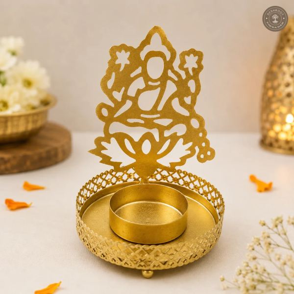 Golden Metal Lakshmi Ji Shadow Diya Tea Light Candle Holders – Set of 2
