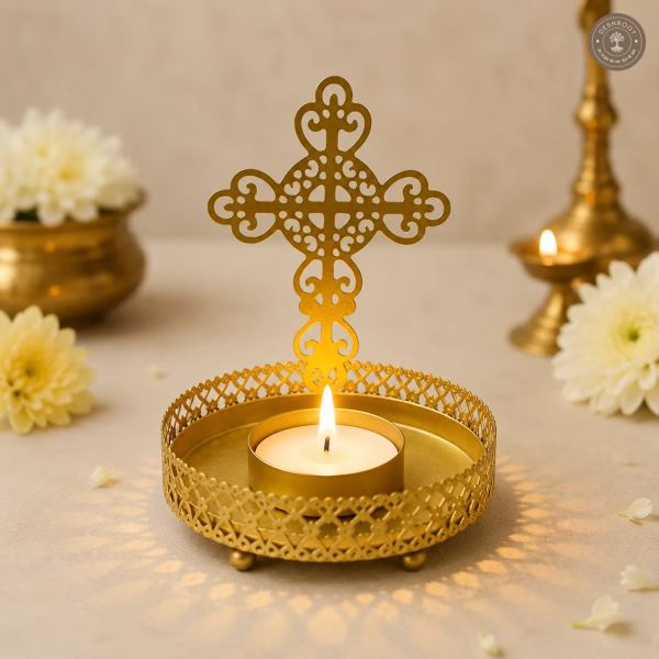 Golden Metal Cross Shadow Diya Tea Light Candle Holders ( Set of 2 )