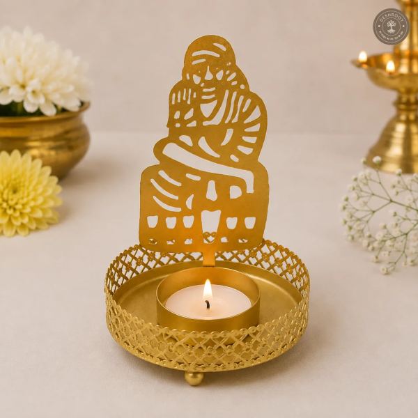 Golden Metal Sai Baba Shadow Diya Tea Light Candle Holders – Set of 2