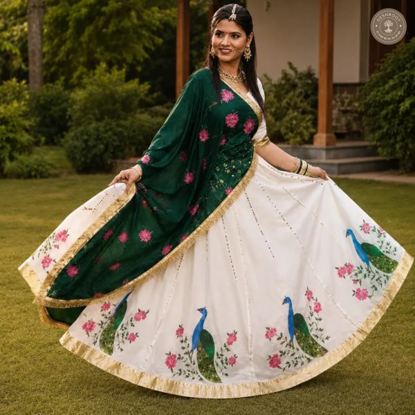 Handcrafted White Floral Peacock Print Lehenga with Green Dupatta