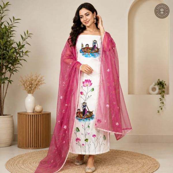 Handcrafted White Cotton Kurta Set with Pink Floral & Folk Art Print and Dupatta
