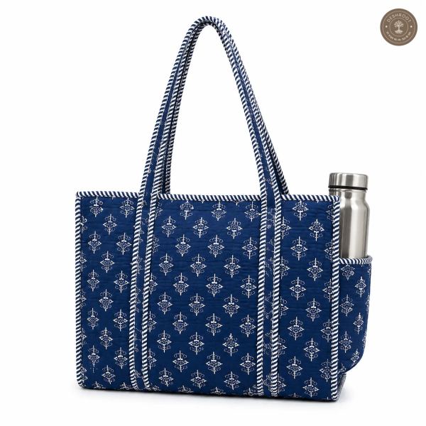 Handcrafted Quilted Cotton Tote Bag with Bottle Pocket